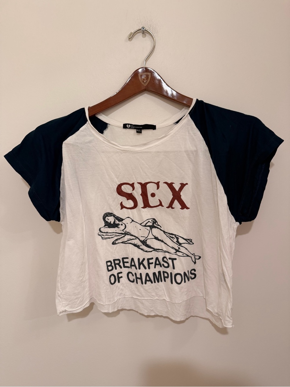 Graphic Raglan Crop Tee - White & Navy "SEX" Breakfast Print